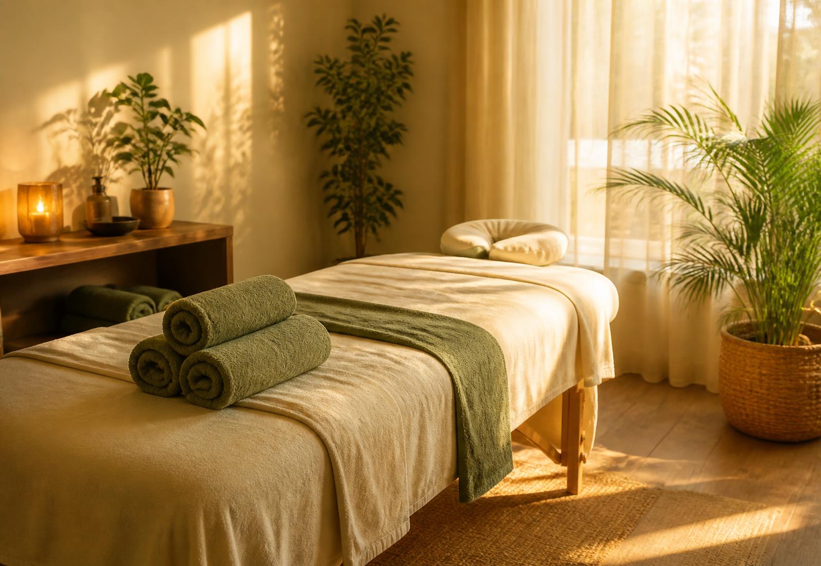 Warm, sunlit massage room with cream linens and sage towels in Emmaus, PA